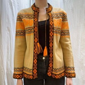 Tan, Orange, and Brown Nordic Open Cardigan Sweater with Hanging Tassels VTG 70s